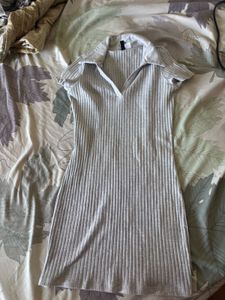 Grey Ribbed Collared Mini Dress