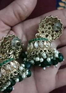 Elegant Green Jhumka Earrings with kaanchain