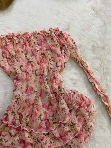 Pink Floral Print Off-Shoulder Tiered Ruffle Top