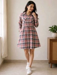 Checked Shirt Dress for Women with Waist Tie