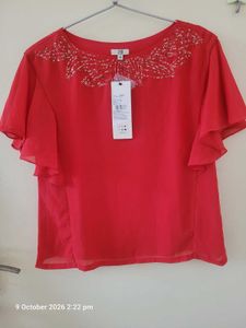 Red Beaded Neckline Top
