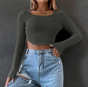 Grey Waffle Knit Cropped Top