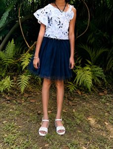 Girls' Floral Top & Navy Skirt Set