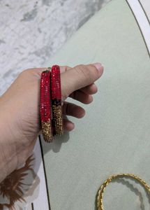 Red &amp; Gold Embellished Bangles (Pair)