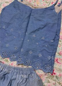 Chic Blue Embroidered Denim Skirt Set