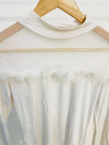 White Top with Mesh neck Fur Trim