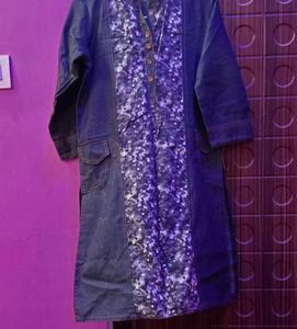 Denim Kurta with Camouflage Panel