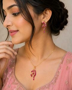 Elegant Pink Stone Pendant Set with Matching Earri