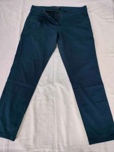 Blue Cotton Blend Casual Pants