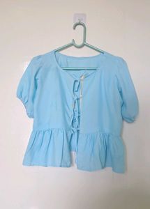 Chic Blue Puff Sleeve Peplum Top