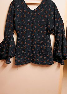 Floral Black Top With Neck Design Oversized