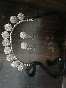 Oxidized Silver Floral Choker Set