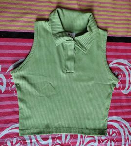 Mint Green Ribbed Polo Crop Top