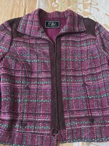 Tweed Zip-Up Jacket with Suede Accents