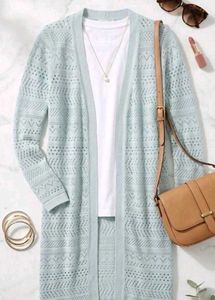 Long Mint Green Crochet Cardigan