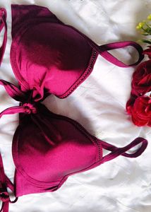 Burgundy Lace Detail Bikini Set