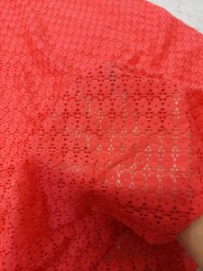 Elegant Coral Lace Gown with Embellished Neckline