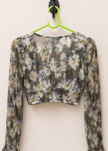 Sheer Floral Print Long Sleeve Crop Top