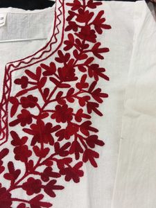 White short Kurti with Red Floral Embroidery