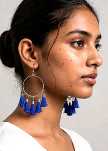 Blue Tassel Hoop Earrings