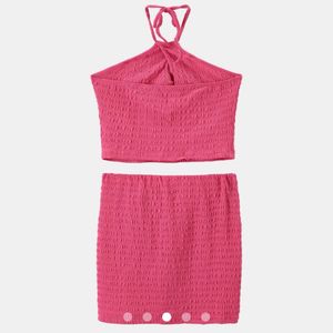 Hot Pink Textured Crop Top &amp; Skirt Set