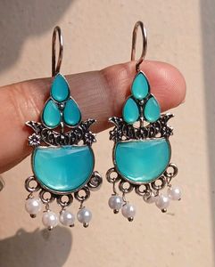 Elegant Aqua Drop Oxidised Earrings ✨