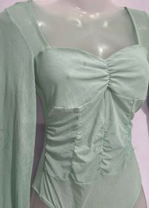 Sheer Long Sleeve Ruched Bodysuit