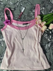 Cute Pink & White Ribbed Tank Top