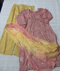 Pink Embroidered Kurta Set with Yellow Palazzo
