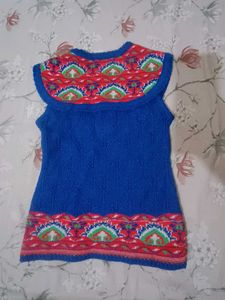 Blue Knitted Kurta With Tribal Print