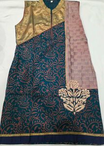 Teal & Orange Printed Sleeveless Kurta