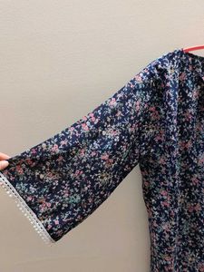 Navy Floral Print Kurta with White Trim