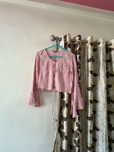 Pink Bell Sleeve Crochet Trim Top