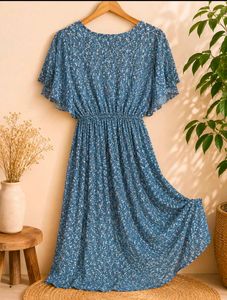 Blue Floral Print Midi Dress