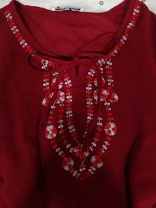 Red Embroidered Kurti with tie up detailing