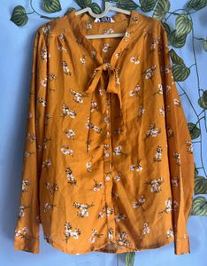 Mustard Floral Tie-Neck Blouse