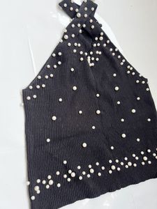 Black Pearl Embellished Halter Top