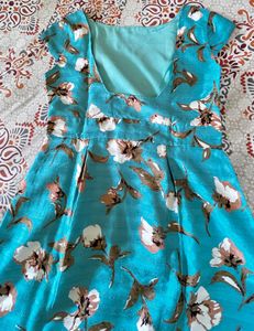 Aqua Floral Print Cap Sleeve Dress