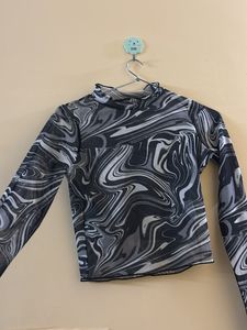 Mesh Marble Print Long Sleeve Top