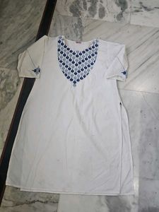 White Kurta with Blue Embroidery