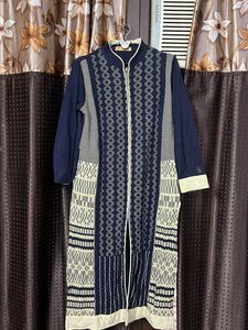 Woolen Navy Blue Zipper Kurti With Pocket XXL