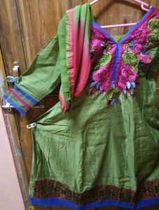 LessUsedGreen Anarkali KurtiSet - Top+Chudi+Dupatt