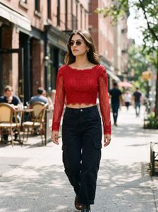 Red Lace Trim Long Sleeve Crop Top