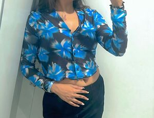 Sheer Floral Print Button-Up Crop Top