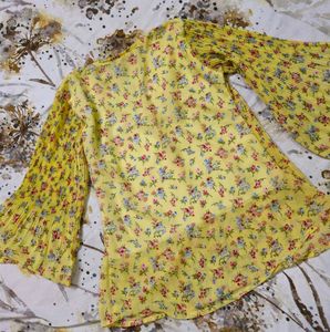 Yellow Floral Pleated Sleeve Top