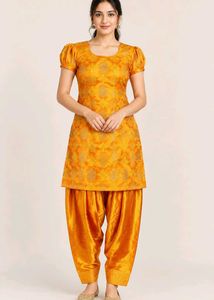 Women’s Golden Orange Silk Blend Printed Kurti wit