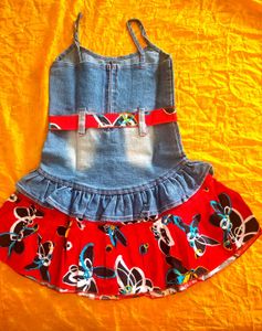 Cute Denim Dress with Red Floral Skirt