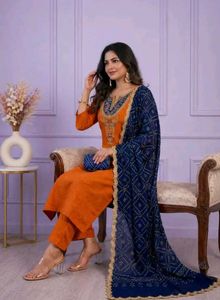 Women Orange Kurta with Blue Dupatta