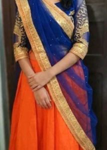 1-TimeUsed OrangeLehengaWithNavyBlueBlouse&amp;Dupat