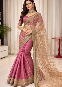 Elegant Pink Embroidered Net Saree